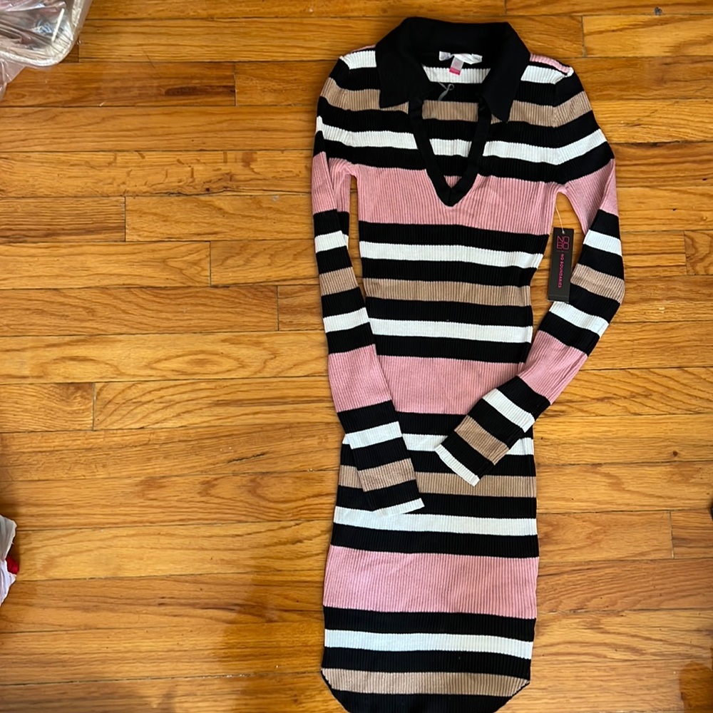 No Boundaries Johnny Collar Long Sleeved Striped Ribbed Dress XS (1) NWT